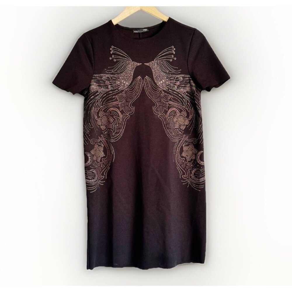 ZARA Womens Black Glitter Peacock Mini Dress Short Sleeve Small Festival Boho